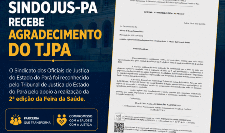 A desembargadora Luiza Nadja expressa seu sincero agradecimento ao SINDOJUS-PA pelo apoio fundamental à realização da 2ª edição da Feira da Saúde, ocorrida em 11 de abril de 2026.